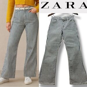 287 ZARA | EUC Serbia Blue Off - White Striped High Rise Flare Jeans (Size 2)